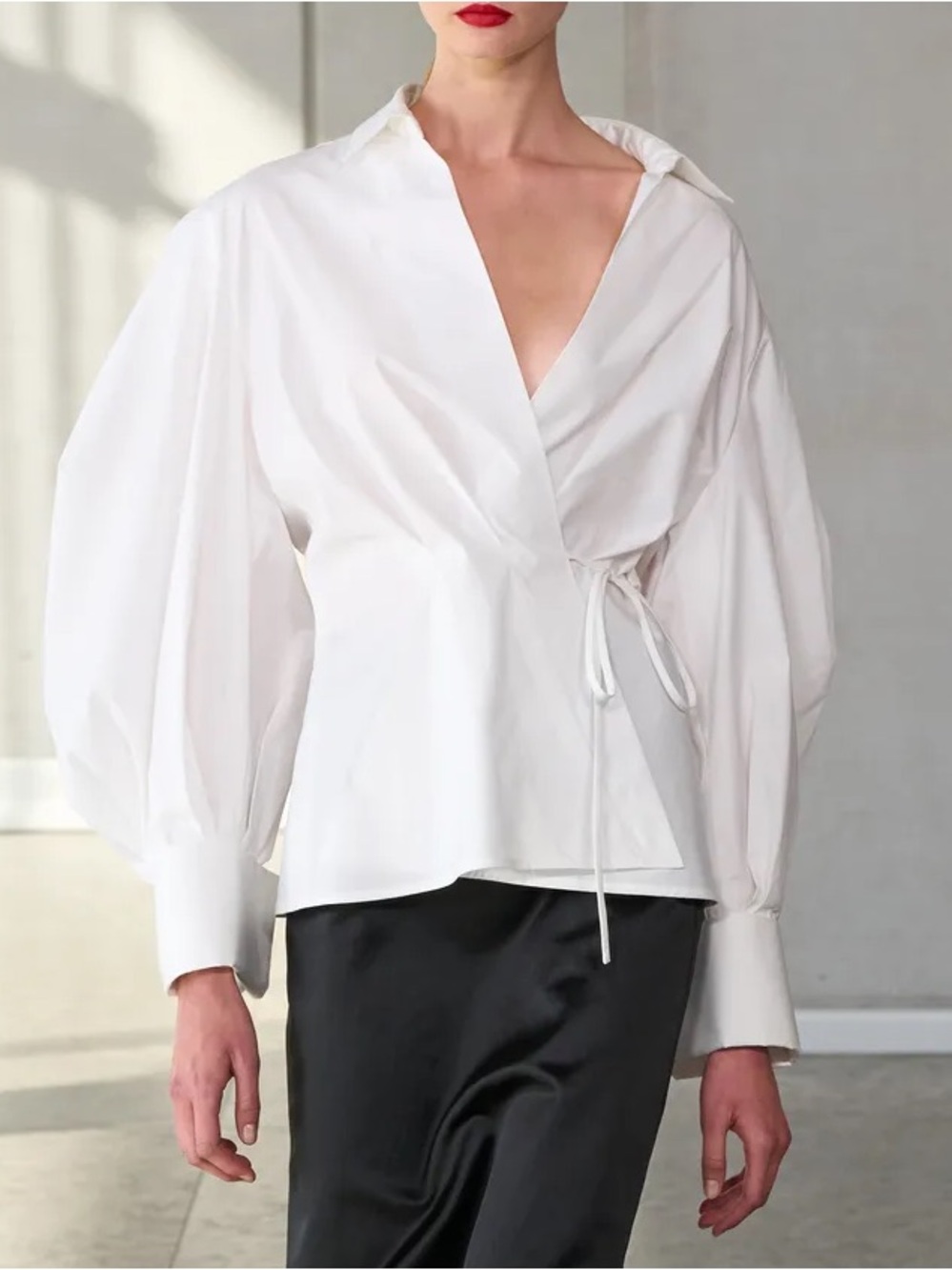 Carolina Herrera White Poplin Wrap Shirt with Statement Sleeve